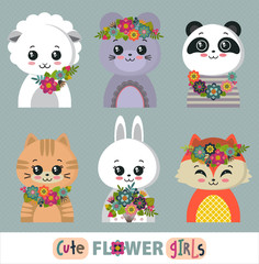 Vector collection of cute animals with flowers, wreath, bouquets.