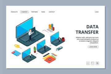 Data transfer landing page. Isometric information transfer web page. Business team, local network. Transfer data, datacenter cloud transfer information illustration