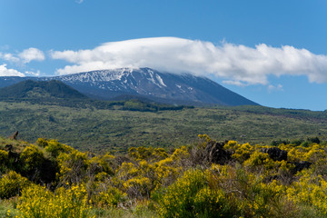 View on dangerous active stratovolcano Mount Etna on east coast of island Sicily, Italy