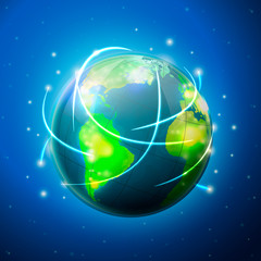 Vector illustration - earth in deep space, with light flying around. On a blue background with stars.