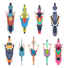 Bicycle top view. People driving bike in helmet riders moped and cycle road traffic vector illustrations. Motorcycle and moped, motorcyclist traffic, scooter and motorbike