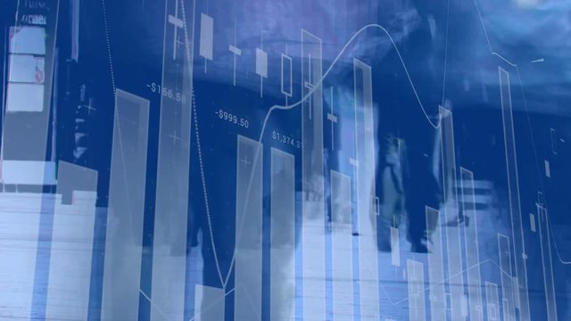 People walking with graph in the foreground