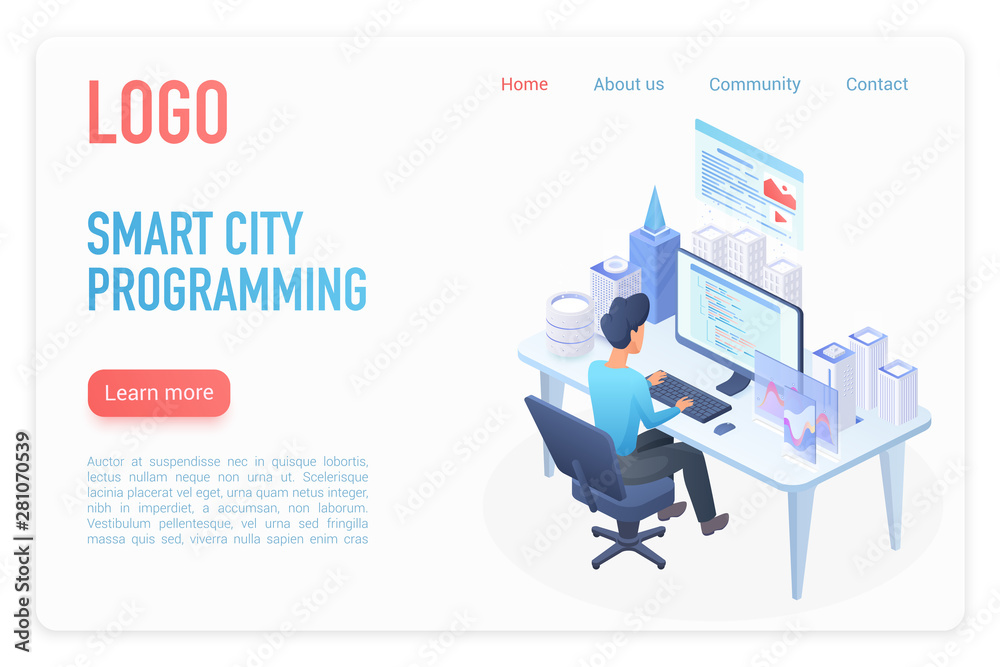 Poster modern business solutions landing page isometric vector template. architect working at desk, smart c