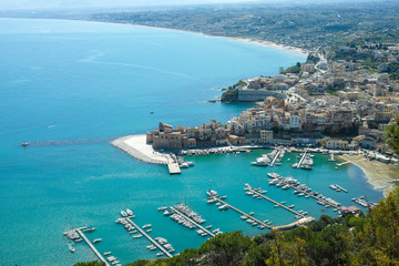 View on small Sicilian seaside town Castellammare del Golfo and golden beaches of Alcamo marina,  located in western part of island