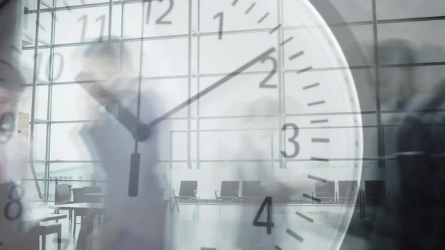 People walking fast with clock in the foreground