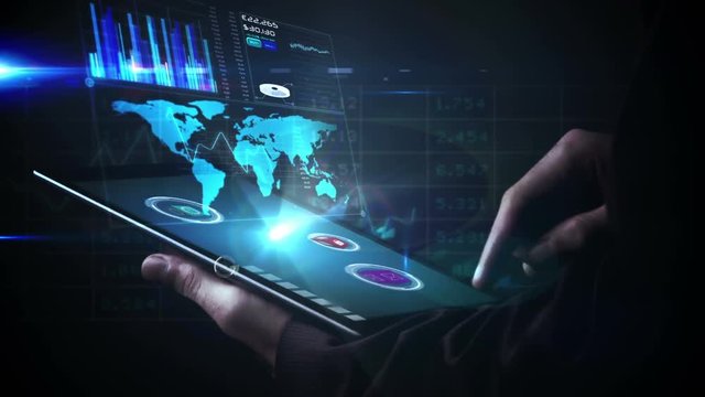 5G displayed in a circle with person using tablet in the background
