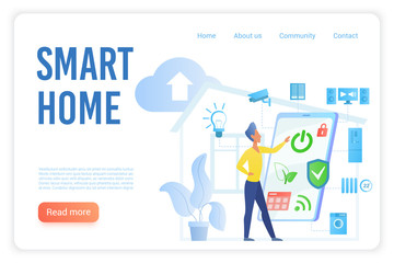 Smart home flat vector landing page template. House devices and household appliances remote control system website homepage concept. Futuristic wireless high technologies web banner layout