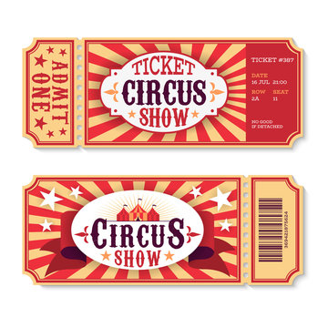 Circus tickets. Magic show entrance vintage paper ticket, festival entertaining event coupons. Birthday party card vector template