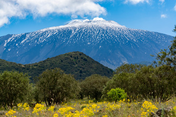 View on dangerous active stratovolcano Mount Etna on east coast of island Sicily, Italy