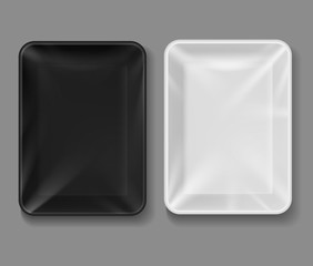 Plastic tray. Food package with transparent wrap, black and white empty containers for vegetables, meat. Vacuum boxes 3d vector mockup