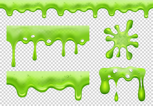 Slime. Green toxic flowing blotting and splatter dripping transparent liquids slimy vector realistic collection splashes. Toxic green splatter, drip and drop slime liquid illustration
