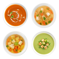 Set of different fresh homemade soups on white background, top view