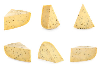 Set of delicious cheese on white background