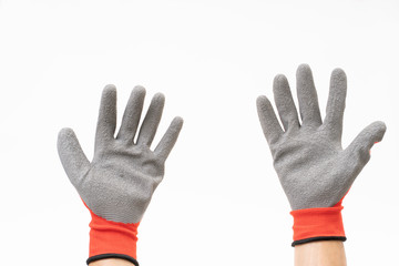 Man hand with red anti slip glove