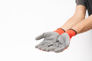 Man hand with red anti slip glove