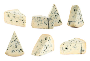 Set of delicious blue cheese on white background