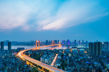 Night view of Yangtze river bridge, parrot continent, Wuhan, Hubei, China