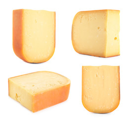Set of delicious cheese on white background