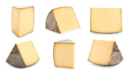 Set of delicious cheese on white background