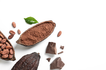 Composition with cocoa products on white background, top view