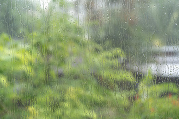 Raindrop on window with blur green tree background