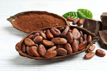 Cocoa pods of beans and powder on white table