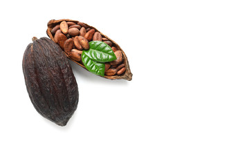 Cocoa pods and beans with leaves on white background, top view