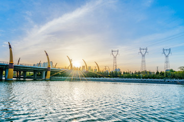 Dusk scenery of Oxhorn Bridge in Hohhot, Inner Mongolia, China © Govan