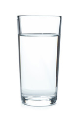 Glass of cold clear water on white background. Refreshing drink