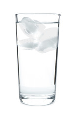 Glass of cold clear water with ice on white background. Refreshing drink