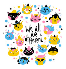Cute vector design with characters of cats and kittens with motivational text.