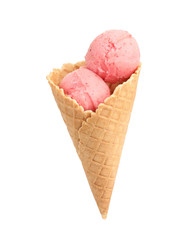 Delicious pink ice cream in waffle cone on white background