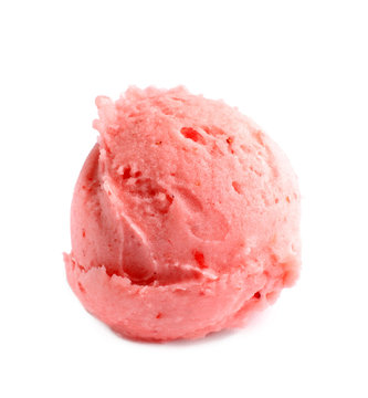 Scoop of delicious strawberry ice cream on white background