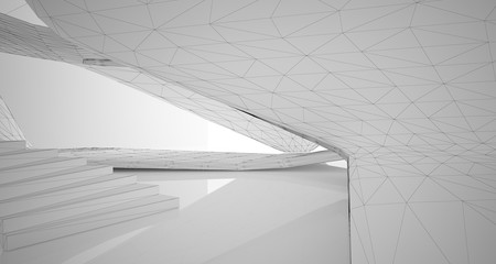 Abstract architectural white interior of a minimalist house with large windows. Drawing. 3D illustration and rendering.