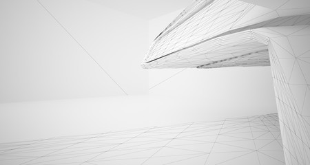 Abstract architectural white interior of a minimalist house with large windows. Drawing. 3D illustration and rendering.