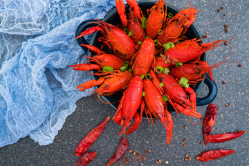 Closeup photo of a bowl of spicy crayfish and chili
