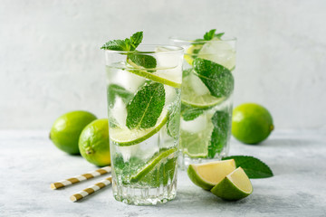 Fresh mojito cocktail with lime and mint in glass on concrete background. Cold refreshing drink. Selective focus.