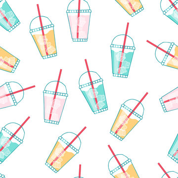 Cold drink seamless pattern. Cartoon colorful vector illustration.