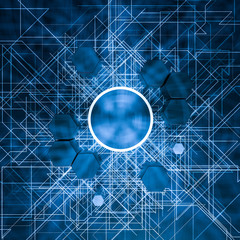 Hexagon cube with dark background, surrounded by glowing lines, 3d rendering.