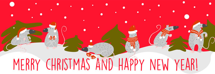 Funny christmas banner with rats in christmas hats. Symbol of 2020 year.