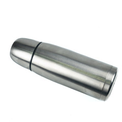 Silver empty glossy metal vacuum thermo tumbler flask isolated on white background