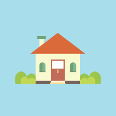  Beautiful white little house with trees in pots. Vector graphics 