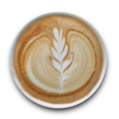 Top view of a mug of latte art coffee isolted on white background.