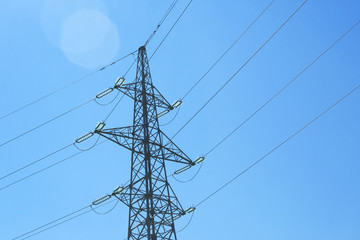 Transmission line of electricity. Electric wire electric tower. High voltage electricity pole on...