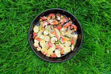 Tasty summer food. Roasted vegetables: zucchini, peppers, carrots, modiors and potatoes. Dish on the background of green grass.