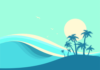 Fototapeta na wymiar Big ocean waves and tropic palms .Vector seascape poster illustration with sky background for text