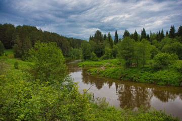 The Cheptsa river on a cloudy day the mountain Baygurez'. Debesskaya district, Udmurt Republic, Russia