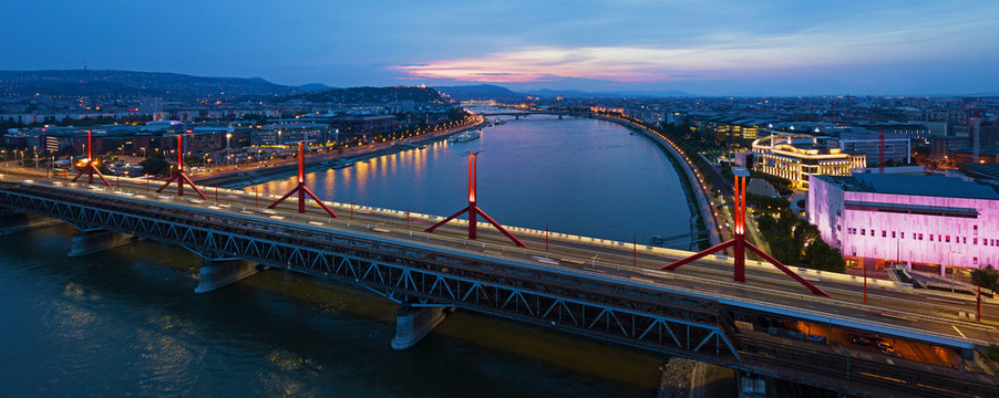 Aerial image of the Rakoczi Bridge in Budapest, Hungary at twilight