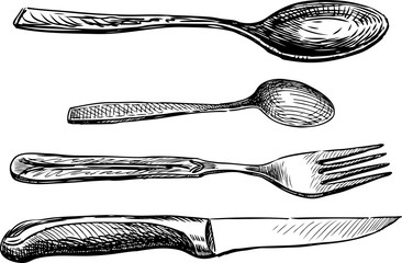 Sketch of a set of various cutlery