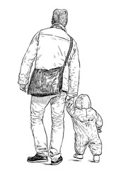 Fototapeta na wymiar Sketch of a young father with his little kid going for a walk